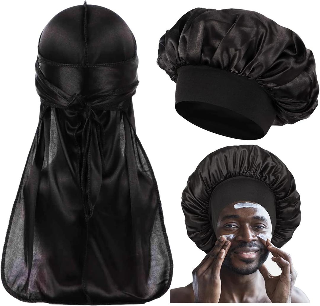 2 PCS Bonnet for Men,Silk Hair Bonnet for Sleeping Women,Matching Bonnets and Durag Set (Medium-Large)