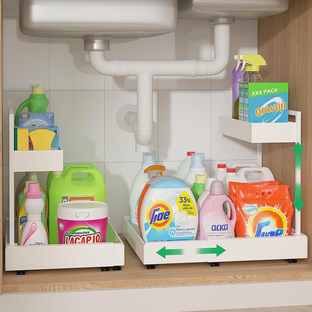 REALINN Under Sink Organizer Pull Out, L-Shaped 2 Tier Cabinet Organizer with Adjustable Width & 6-Level Height, Metal Under Sink Storage for Kitchen Sink, Bathroom Vanity, Laundry Cabinet, White