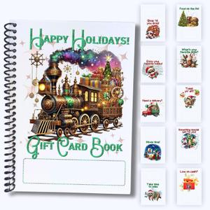 Christmas Gift Card Book 5x7 inches with Stickers, 10 Page Soft Cover Spiral Bound with Protective PVC Cover, and 20 Double Sided Sticky Dots - 8 Different Cover Design Options (Train)