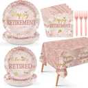 98Pcs Rose Gold Retirement Decorations Pink Happy Retirement Plates Napkins Forks Tablecloths Rose Gold Diamond Retired Tableware Set for Women Say Goodbye Going Away Party Supplies Serve24