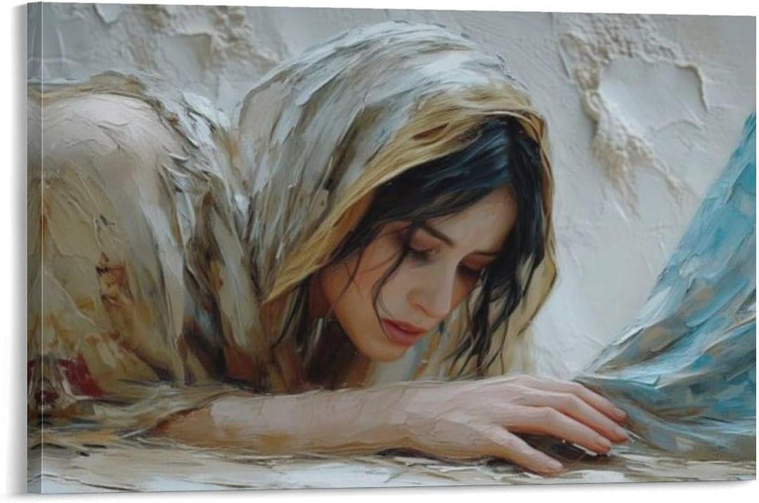 Jesus and Woman Wall Art Decor - Canvas Painting of Woman Touching The Savior's Garment - Christian God Gift Prints for Modern Home Office Decoration 16x24inch (40x60cm)
