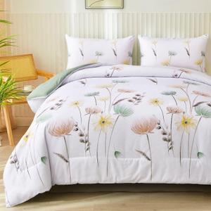 Dinjoy King Size Comforter Set Sage Green, Floral Bedding Sets Cute Comforters Botanical Spring Bed Set 3 Pieces Soft White Comforters with 2 Pillowshams for Family Women Girls