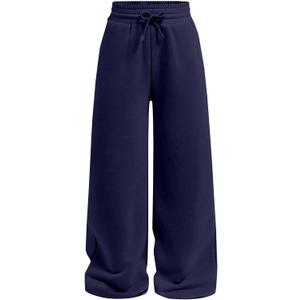 Girls Wide Straight Leg Loose Sweatpants Elastic Waist Drawstring Jogger Pants (7-8 Years, Navy Blue)