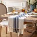 Boho Table Runner for Modern Farmhouse Decor, Dining Table décor 13 x 72 Inch Long with Handcrafted Tassels, Navy Blue and Beige Stripe Table Runner for Home Boho décor