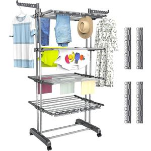 5 Tier Clothes Drying Rack Oversized, Foldable& Adjustable Height Rolling Clothes Rack Stainless Steel with 4 Castor, 32 Drying Poles, 14 Hook& 4 Sock Clippers, Drying Rack Clothing for Indoor & Outdoor
