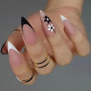 4 x 24 Pcs Press on Nails Short Almond - ZIFANHU Black White French Fake Nails Press ons Nail Art Tip Full Cover Acrylic Pink False Nails with Cute Flower Glod Lines Design Glue on Nails for Women