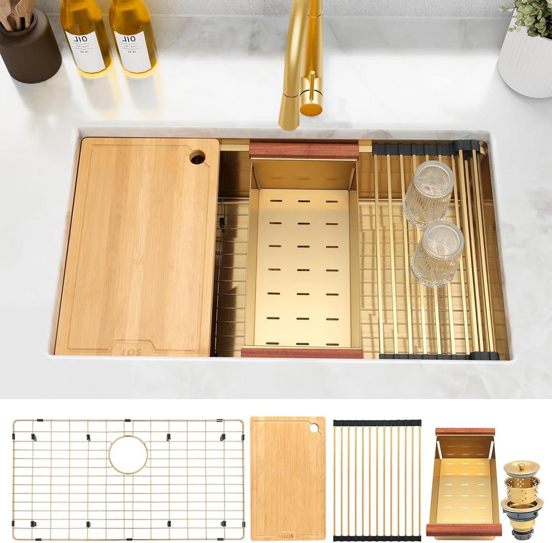 LQS Gold Kitchen Sink, 32 Inch Undermount Kitchen Sink, 32 x 19 Workstation Sinks Undermount, 16 Gauge Stainless Steel Kitchen Sink with Accessories