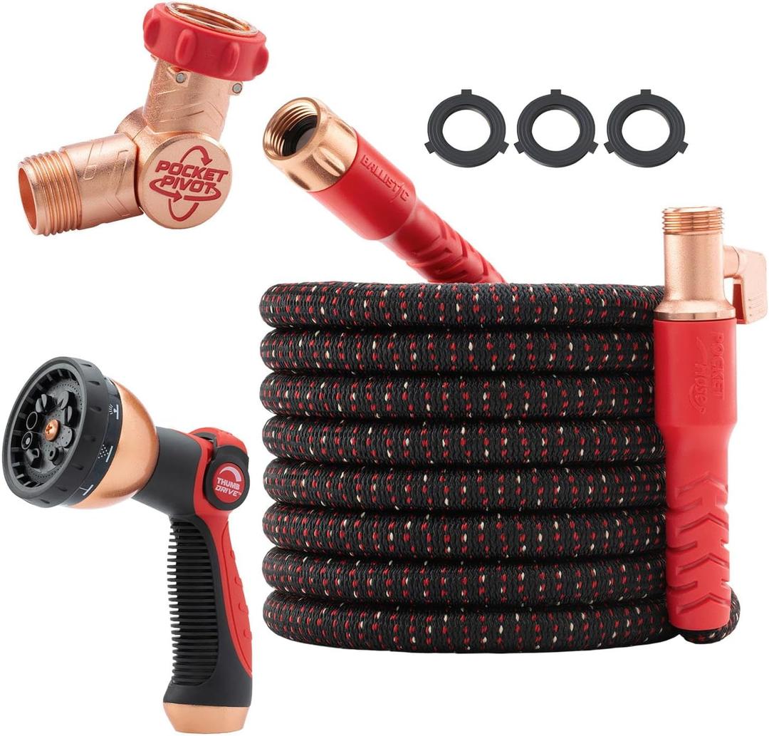 Pocket Hose Ballistic 75 FT Expandable Garden Hose w/Pocket Pivot Swivel Connector, Anti-Burst Sleeve Reinforced with Bulletproof Fiber, Lightweight, No-Kink, Compact, UV-Protected, AS SEEN ON TV