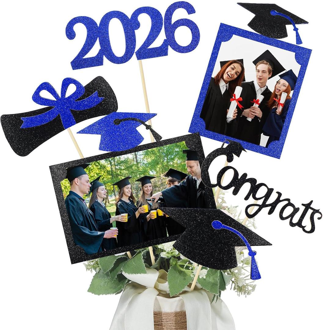 Qinyoung 2026 Graduation Decorations 30 Pcs Glittering Graduation Centerpiece for Tables Sticks Class of 2026 Grad Photo Centerpiece Party Decoration for Table Toppers(Blue)