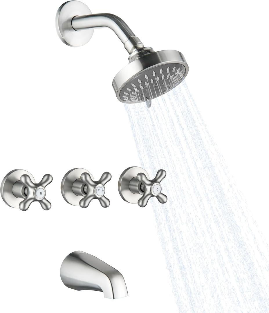 3 Handle Shower Faucet Set with Tub Spout Brushed Nickel Tub and Shower Trim Kit Bathtub Shower Faucets Completes Three Knob