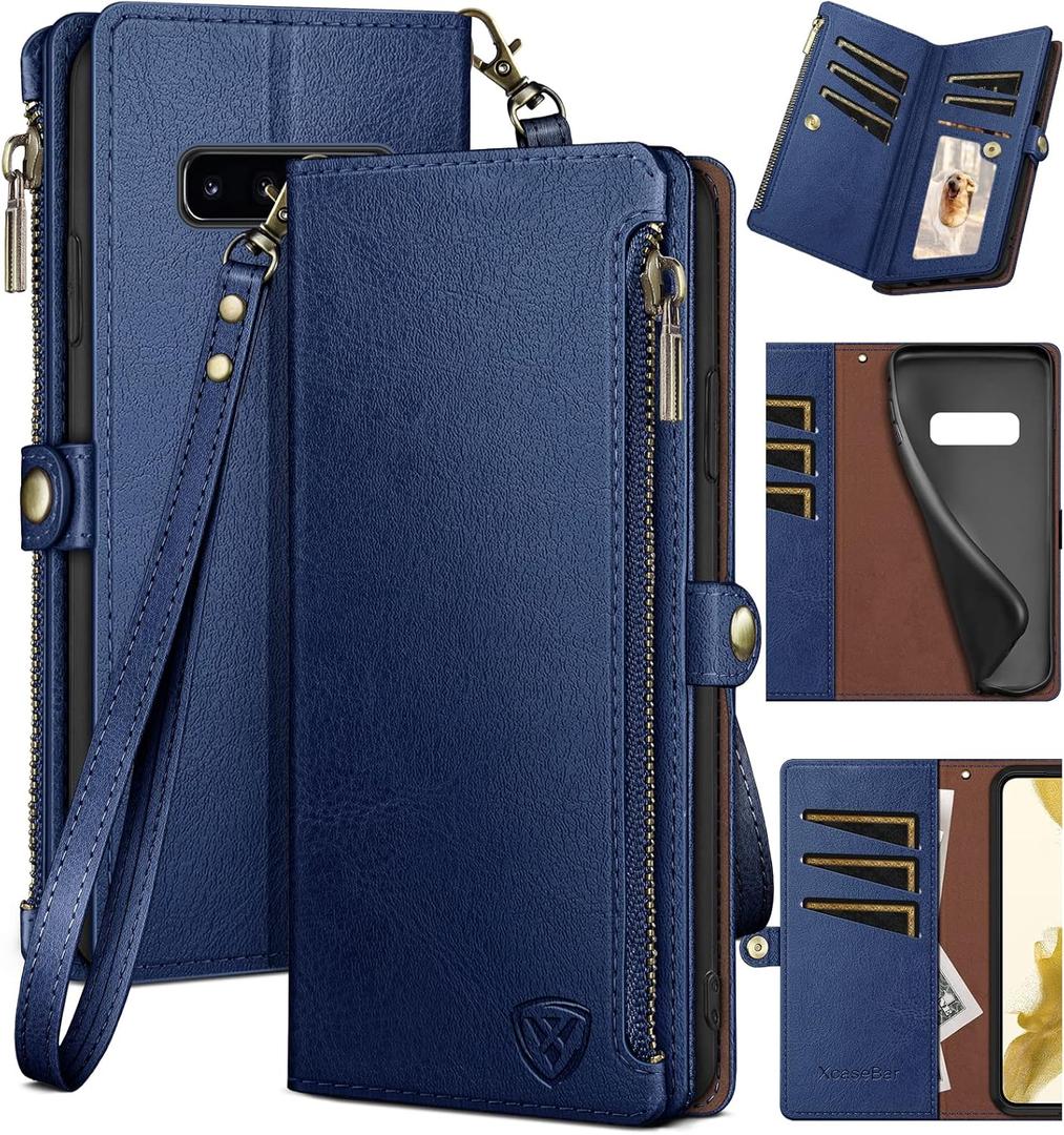 XcaseBar for Samsung Galaxy S10+/S10 Plus Wallet case with Zipper Credit Card HolderRFID Blocking, Flip Folio Book PU Leather Phone case Shockproof Cover Women Men for Samsung S10+ case Blue