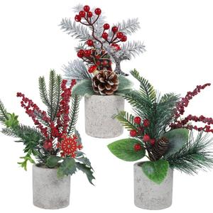 winemana 3 Pack Mini Christmas Trees for Table Centerpieces, 11 Inch Small Artificial Xmas Tree with Red Berries & Pine Cones for Home, Office Desk, Tabletop, Indoor Holiday Decorations