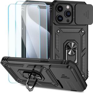 SunStory Compatible with iPhone 15 Pro Case with HD Screen Protector & Slide Camera Cover & Rotated Ring Kickstand, [Military-Grade] Phone Case for iPhone 15 Pro,Black