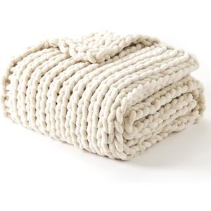 YnM Chunky Throw Blanket, Hand Knitted with Chenille Yarn, Skin Friendly, Ventilated and Breathable, Machine Washable, Home Dcor Piece for Couch, Sofa and Bed (Butter Cream, 50x60 Inch)