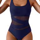 B2prity Women's Mesh One Piece Swimsuit Tummy Control Sexy Bathing Suit Push Up Swim Suit Slimming Swimwear (Medium, Navy Blue)