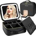 Seoneiro Makeup Travel Bag with LED Lighted Mirror Adjustable Brightness Portable Waterproof Makeup Case with Adjustable Dividers, Make up Train Case Organizer Makeup Brush Accessories and Tool Case
