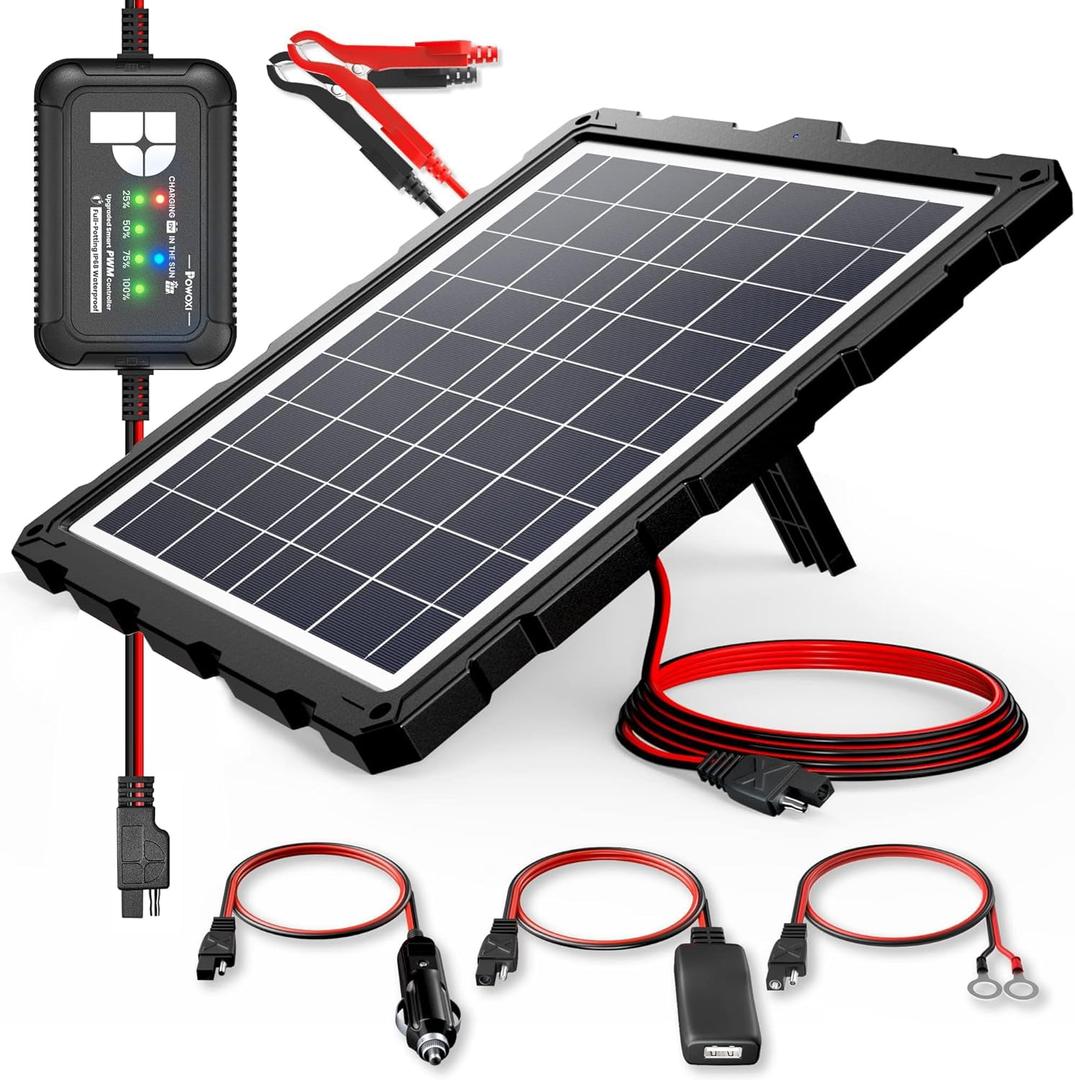 POWOXI-Upgraded-20W-Solar-Battery-Charger-Maintainer, External Smart 3-Stages PWM Charge Controller, 12V Solar Panel Trickle Charging Kit for Car, Marine, Motorcycle, RV, etc (Black)
