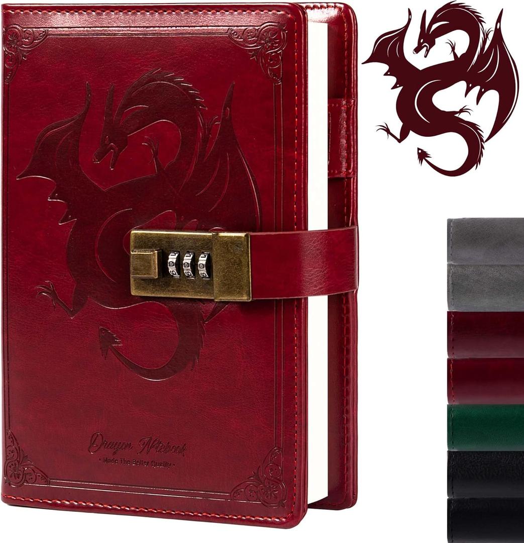 TIEFOSSI Dragon Leather Journal Notebook, Diary with Combination Lock, Lined/Blank Paper Notebook, B6 Writing Journals Stationery (Wine)
