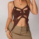 Verdusa Women's Sleeveless Crop Top Cut Out Asymmetrical Hem Slim Fit Cami Top (Brown, XL)