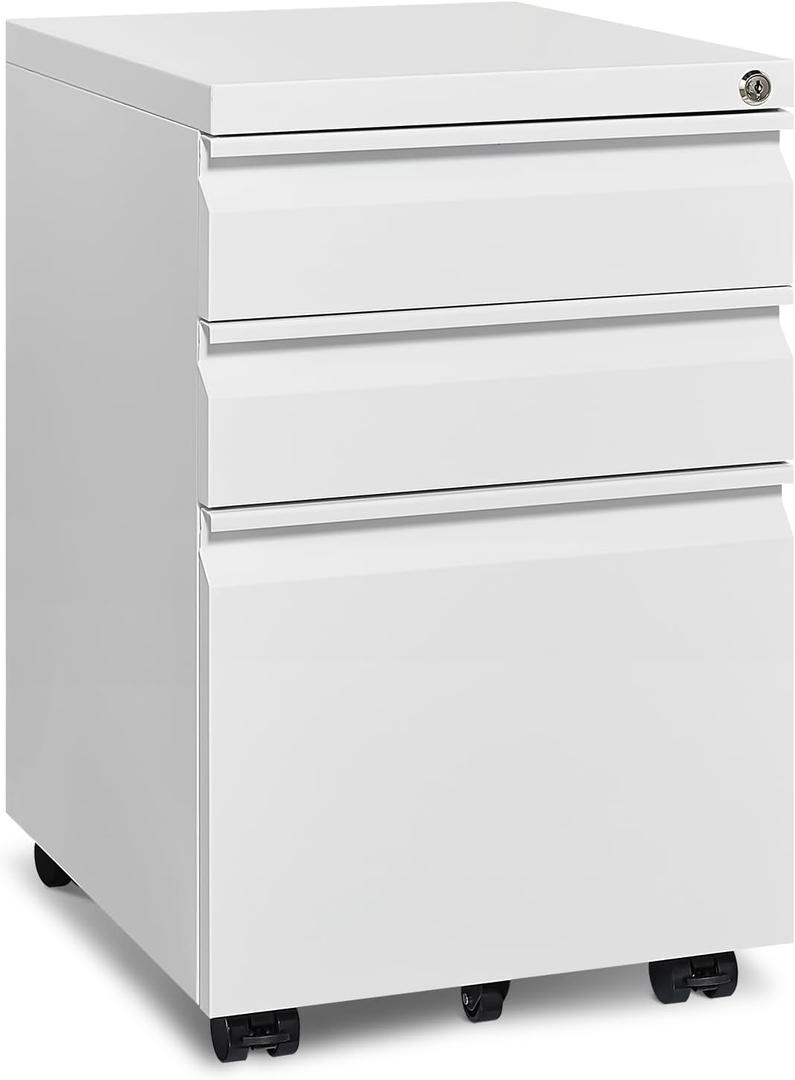 Approgreent Mobile File Cabinet for Home Office, Lockable 3 Drawer Filing Cabinet with Wheels for A4-Size/Letter-Size/Legal-Size, Fully Assembled Except Casters, White