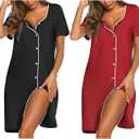 Ekouaer 2 Pack Women's Nightgown Button Down Sleepshirts Short Sleeve Nightshirts for Women Sleepwear V Neck Sleep Dress Black & Wine Red & Star L