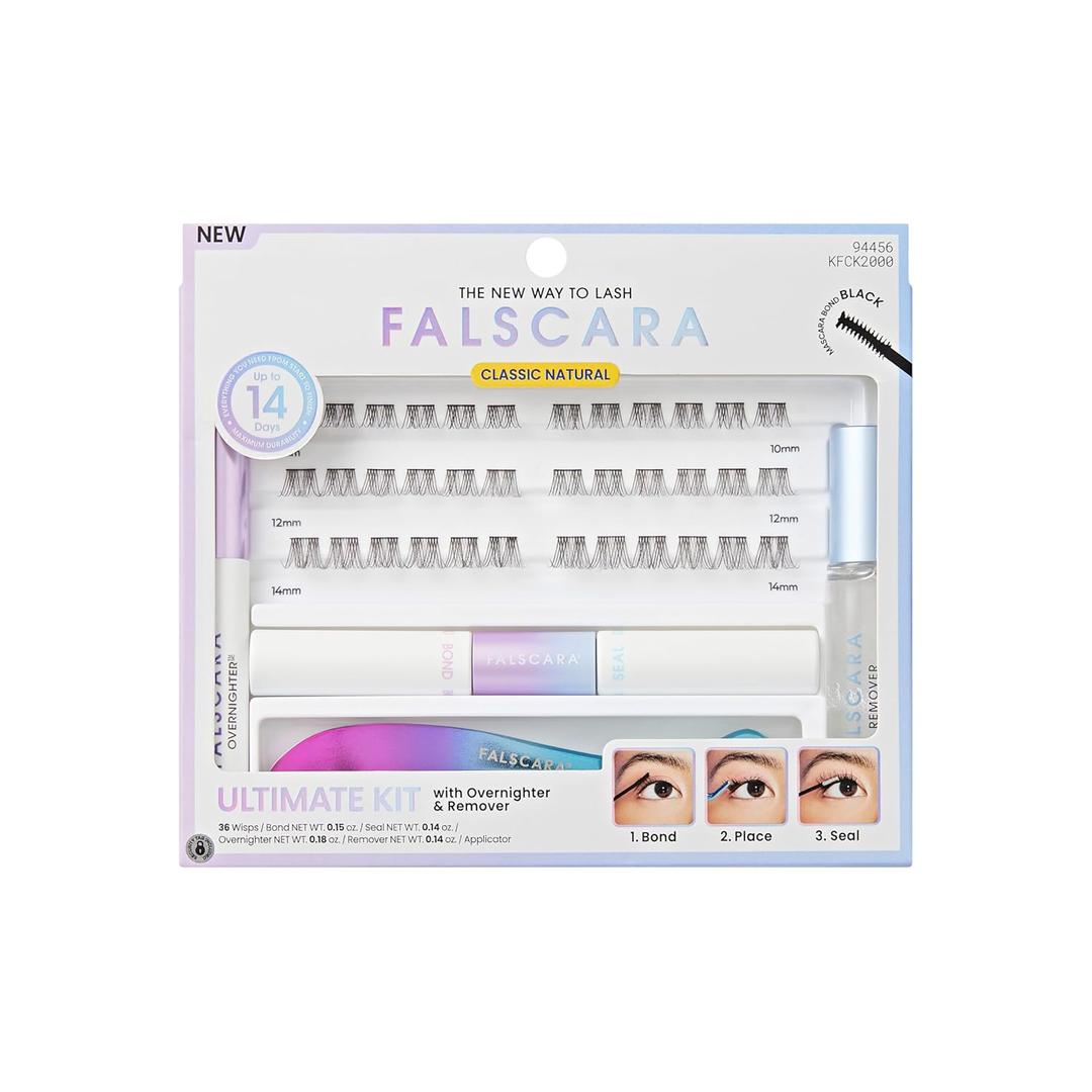 FALSCARA False Eyelash Clusters Special All Inclusive Starter Kit, Bond & Seal, Precision Applicator, Overnighter & Remover, 36 Lengthening 10mm-14mm Sporty Rounded Natural Volume Lash Extension Wisps (Black)