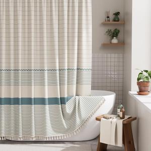 AmazerBath Farmhouse Shower Curtains for Bathroom, Boho Shower Curtain Set with Tassels, Rustic Faux Linen Blue Striped Neutral Shower Curtain with Hooks, Light Tan Toned, 72x72 Inches