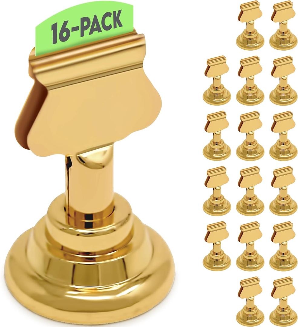 Table Number Holders (Set of 16) Premium Gold Metal Place Card Holders for Wedding Party Table Decor Picture Photo Holder (1.7 inch tall)