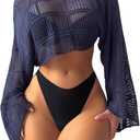 COZYEASE Women's Hollow Out Crop Bikini Cover Up Boat Neck Long Sleeve Crochet Sheer Swimsuit Cover Up (Large, Royal Blue)
