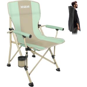 XGEAR Camping Chair with Padded Hard Armrest, Sturdy Folding Camp Chair with Cup Holder, Storage Pockets Carry Bag Included, Support to 400 lbs (1-green)