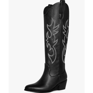 Ouepiano White Cowgirl Boots Women Cowboy Knee High Tall Boots Chunky Heel Pointed Toe Pull-On Western Wide Calf Boats Country Fashion 9