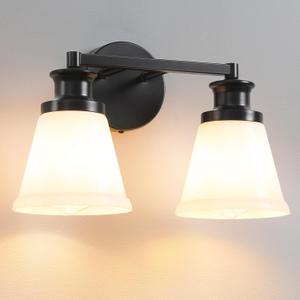 Modern Bathroom Vanity Lights - 2-Light Black Bathroom Light Fixtures Over Mirror with Milky White Glass Shade, Bath Wall Sconce Lighting Vanity Lights for Bath, Bedroom, Hallway