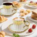 Coffee Cup Set of 6 with Saucers, 3.5 OZ Ceramic Espresso Cups, Deco Golden Turkish Coffee Cup Gift for Cappuccino, Latte, Cafe Mocha and Tea, Dishwasher & Microwave Safe (Gold Trim)