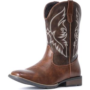 IUV Cowboy Boots For Men Square Toe Western Boot Durable Retro Classic Embroidered Pull On Boot Slip Resistant Country Boots (8.5, Dark Brown)