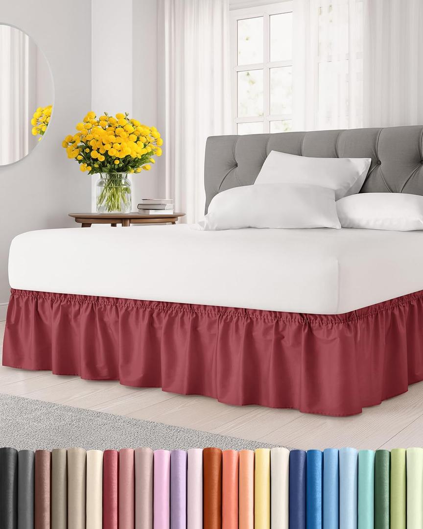 Wrap Around Dust Ruffle Bed Skirt - Burgundy - for Queen Size Beds with 18 Inch Drop - Elastic Strap - Adjustable Pleated Bedskirt with Brushed Fabric and Wrinkle Free - for Women, Men, Kids & Teens