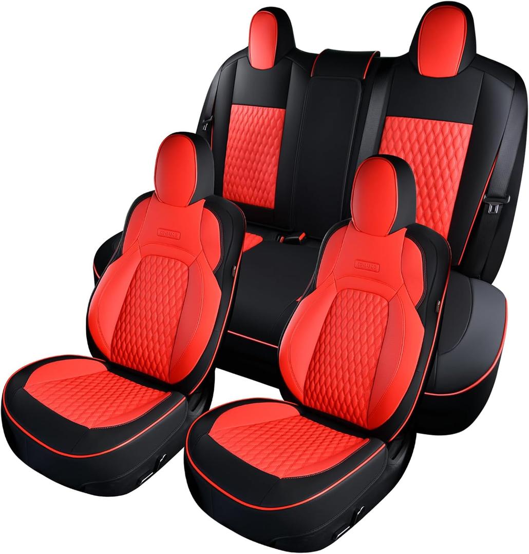 Coverado Car Seat Covers for Tesla Model 3, Car Seat Covers Full Set 5 Seater, Leatherette Car Seat Covers Front Seats and Back Custom for Tesla Model 3 2019 2020 2021 2022 BlackRed