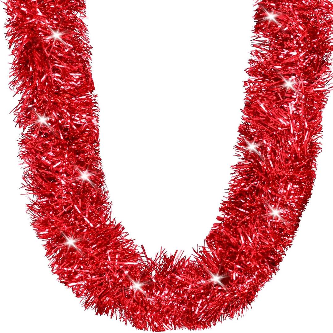 2 Pcs Shiny Red Tinsel Garland - 65.6 FT Metallic Twisted Hanging Christmas Decorations for Xmas Tree, Home, Party, Indoor/Outdoor Decor