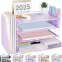 OPNICE Desk Organizer, 4Tier Desktop File Organizer with Drawer and 2 Pen Holders, Office Desk Accessories, File Sorters, Workspace Organizers for Office Supplies(Purple)