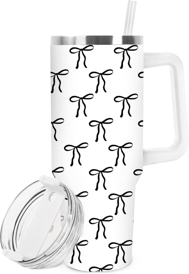 Black Bow Tumbler with Straw and Lid Cute Bow Knot Stainless Steel Travel Coffee Tumbler Cup with Handle for Coquette Party Home Office Supplies