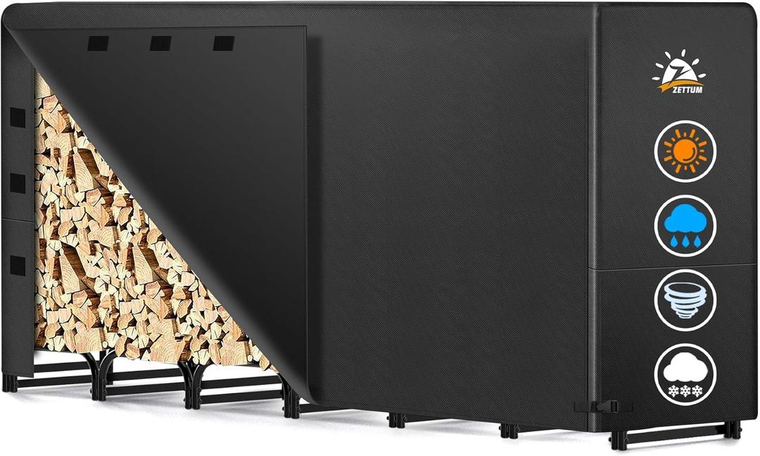 8ft Firewood Log Rack - Outdoor Wood Stand Holder, Heavy Duty Metal Fire Wood Pile Organizer with Cover for Fireplace Storage (96 x 14 x 48 Inch) (Black)