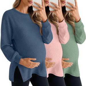 3 Pack Women's Maternity Shirts Long Sleeve Waffle Knit Side Split Oversized Tops Pregnancy Clothes Fall Tees (Large, Dusty Blue, Light Pink, Light Green)