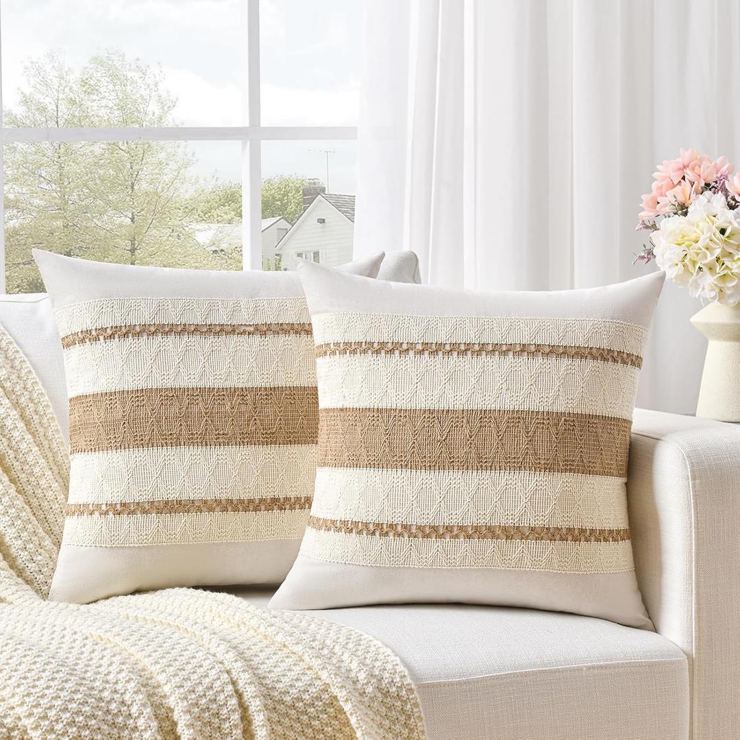 Fancy Homi Set of 2 Boho Neutral Decorative Throw Pillow Cover 20x20 Inch for Couch Bed Sofa, Aesthetic Modern Organic Farmhouse Home Decor, Soft Cotton Cute Accent Macrame Woven Tan Cushion Case