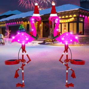 Solar Outdoor Lights Christmas Decor, Solar Xmas Flamingo Lights Waterproof Garden Decor, Flamingo Stake Lights for Yard Pathway Patio Festive Decoration-2 Pack