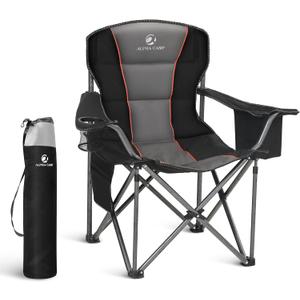 LET'S CAMP Folding Camping Chair Oversized Heavy Duty Padded Outdoor Chair with Cup Holder Storage and Cooler Bag, 450 LBS Weight Capacity, Thicken 600D Oxford (Black)