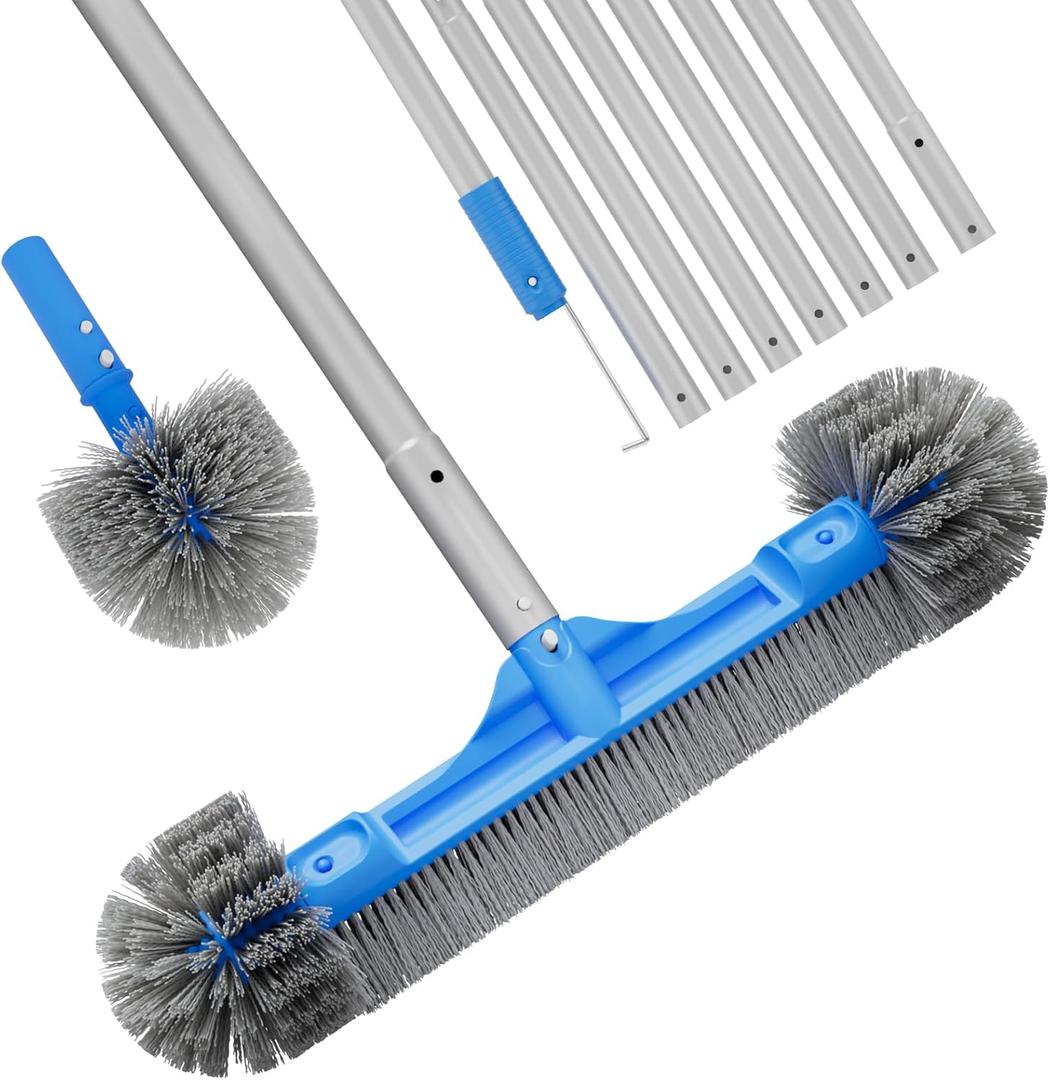 TidyMister Pool Brush Set - 20 2-in-1 Detachable Round Brush with Extra Side Brush for Cleaning Hard-to-Reach Corners, 9 FT Aluminum Extended Pool Pole with Hidden Hook Retriever