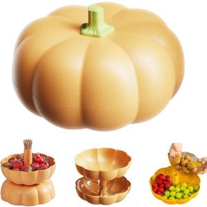 Halloween Pumpkin Snackle Box Container Halloween Decorations Organizer Versatile Snack Storage 2 Tier Lazy Susan Divided Serving Tray (10 inch, Yellow)