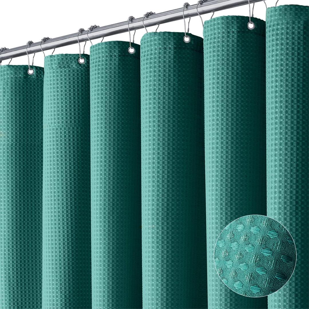 Dynamene Green Fabric Shower Curtain - Waffle Weave Textured Heavy Duty Cloth Shower Curtains for Bathroom, 256GSM Hotel Luxury Weighted Bath Curtain Set with 12 Plastic Hooks,72x72, Seaweed Green