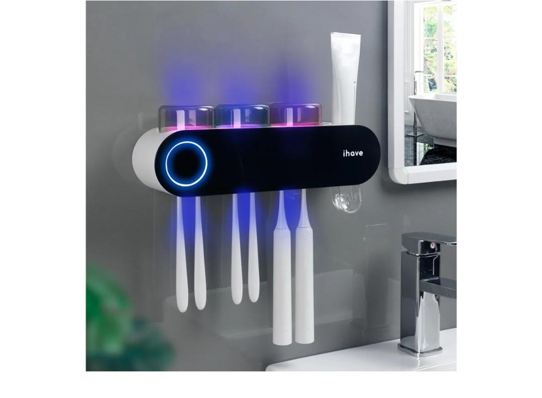 iHave Wall Mounted Electric Toothbrush Holders with 3 Cups, UV Sanitizer, Toothpaste Dispenser, Smart Home Bathroom Accessories & Decor, Black