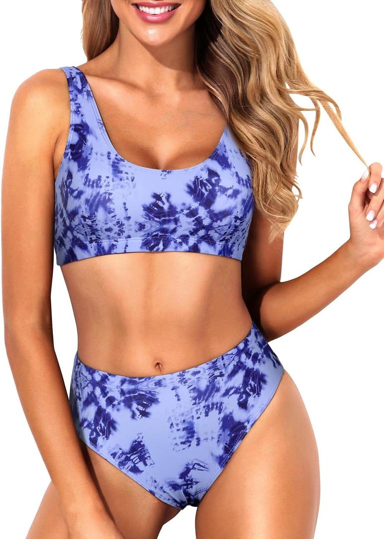Tempt Me Women Two Piece Scoop Neck Bikini Crop Top Swimsuit Sporty High Waisted Bathing Suit (XX-Large, Blue Tie Dye)