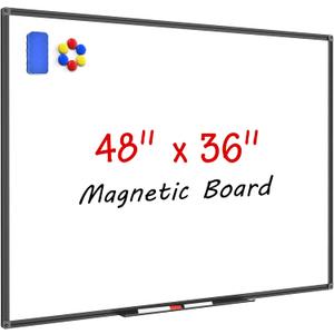 Magnetic Dry Erase Whiteboard 48 x 36 Inch - 4 x 3 Large White Board, Black Aluminum Frame Wall-Mounted, Magnetic Eraser, 2 Pen, Detachable Marker Tray, 6 Magnets for Office, School